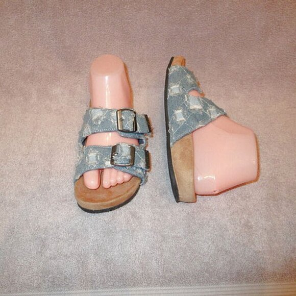 Minnetonka Patchwork Denim Sandals Size 7 Slide Fringe Slip On Boho Grunge 90s - Picture 2 of 9